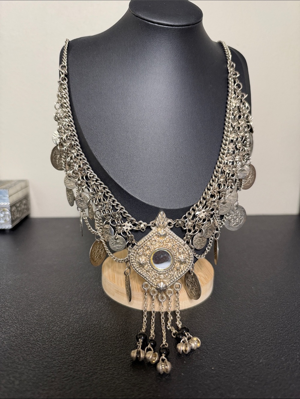 Bohemian Silver-Tone Coin Fringe Mirror Statement Necklace - Silver Cleopatra